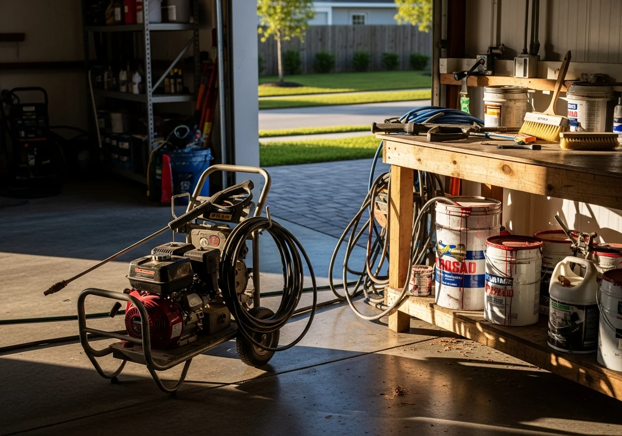 Contractor crew with pressure washing equipment and paver sealing tools staged outdoors, ready for service.