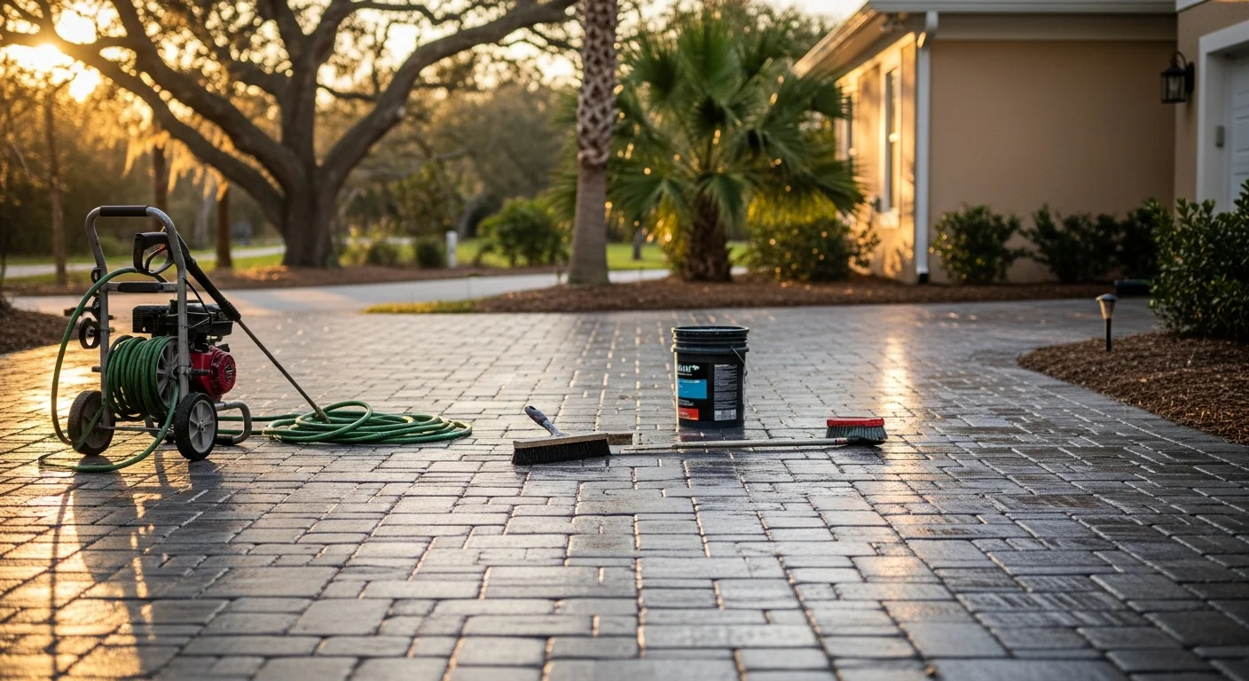 Sealed paver driveway with clean, protected surface