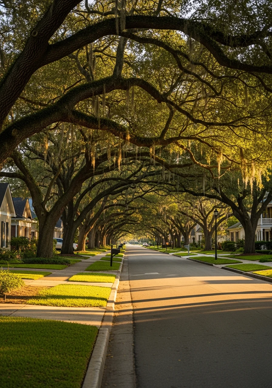 Jacksonville residential neighborhood street with mature trees and varied home styles.