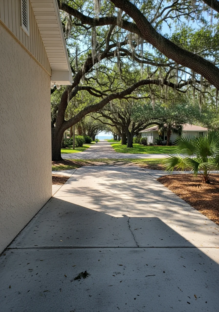 New Smyrna Beach residential street with mature landscaping and beachside homes.