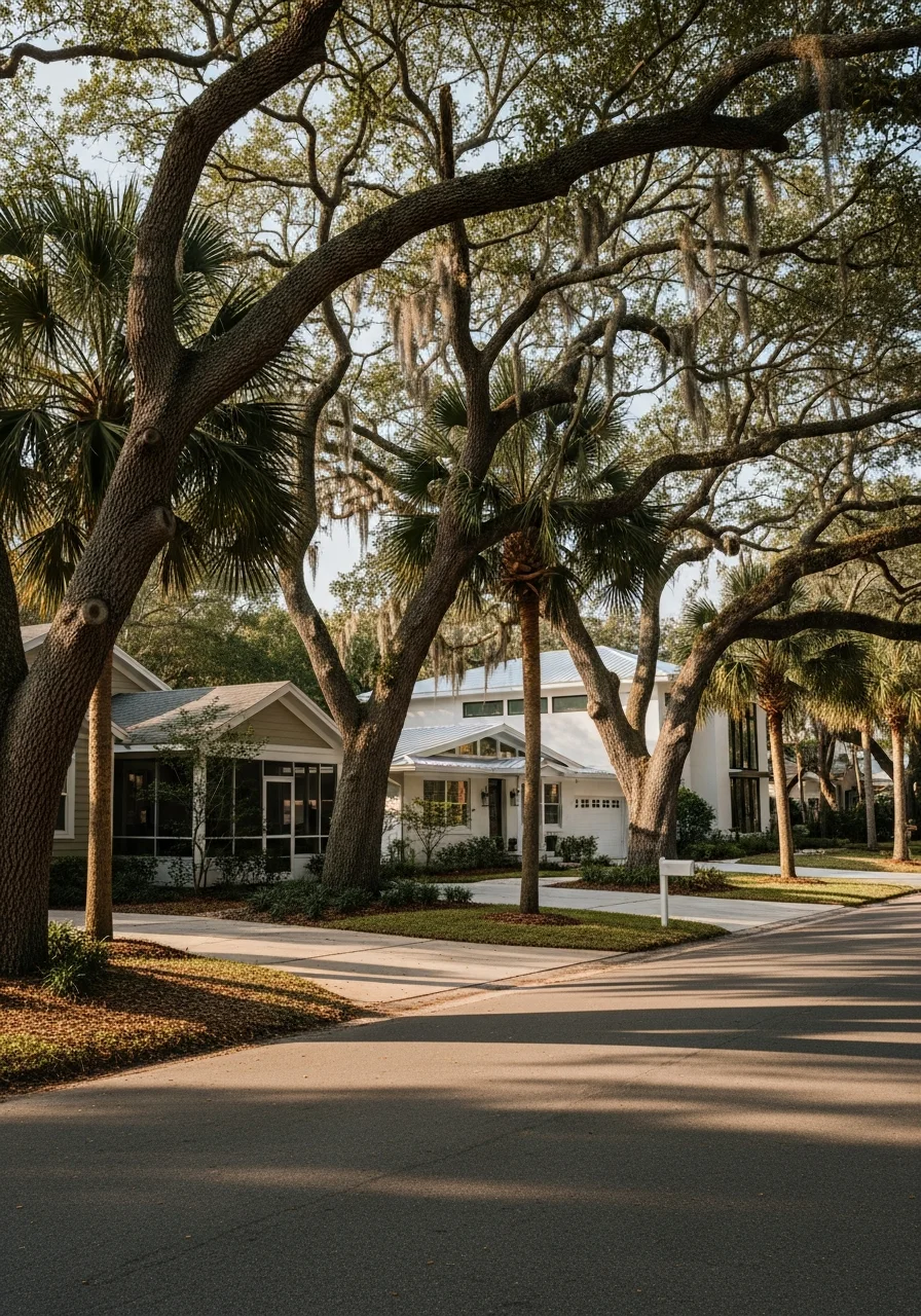 Ormond Beach residential neighborhood street with mature landscaping and varied home styles.