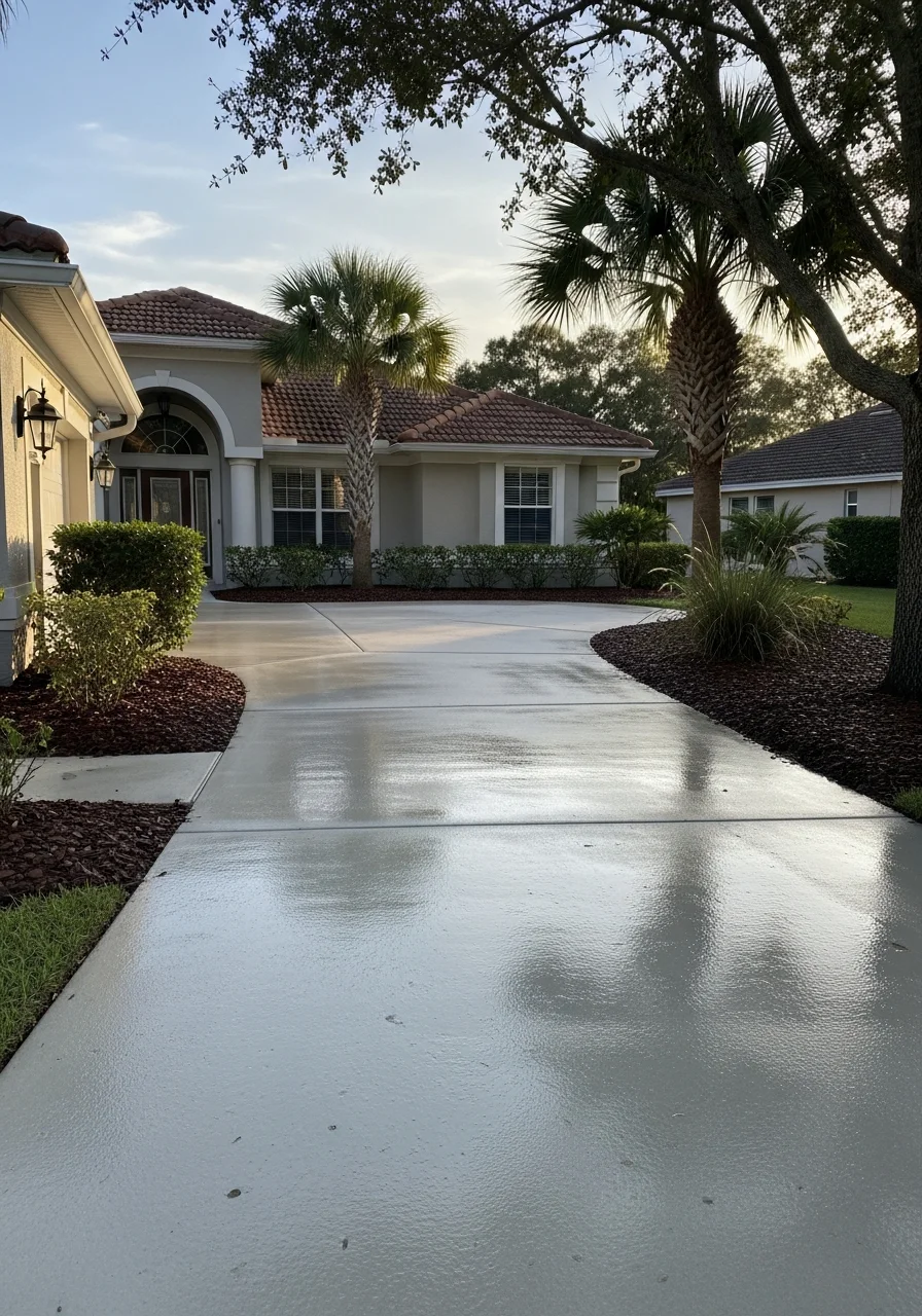 Close-up of a Palm Coast home exterior with landscaping and driveway detail.