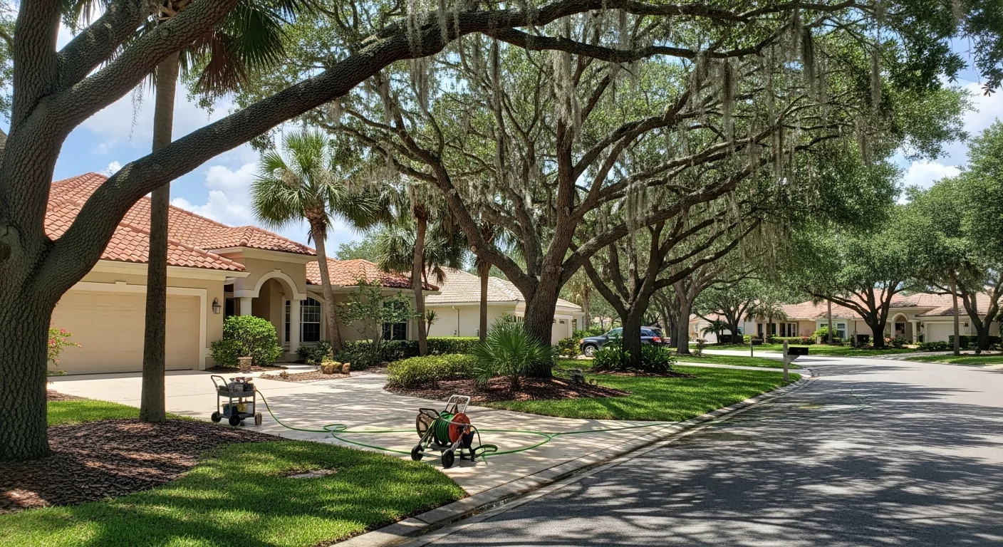 Palm Coast residential street with mature trees and planned community homes under clear Florida sky.