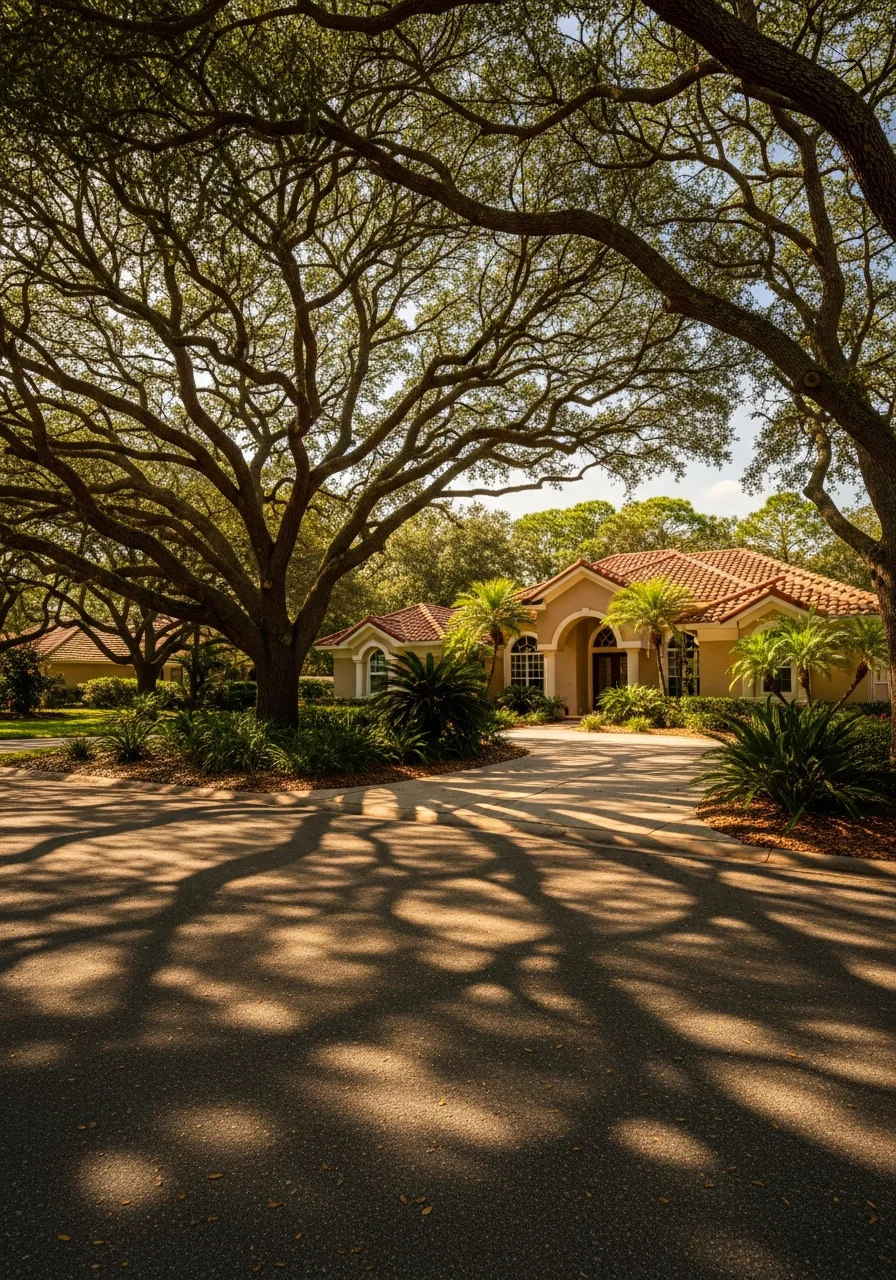 Port Orange suburban residential street with mature trees and single-family homes.