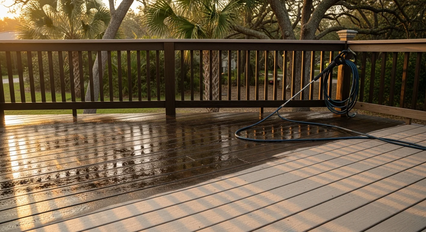 A Palm Coast residential wood deck before and after professional pressure washing, showing dark algae and mildew stains removed to reveal clean, natural board color. Railings and steps are visibly cleared of organic buildup in a shaded Florida backyard setting.