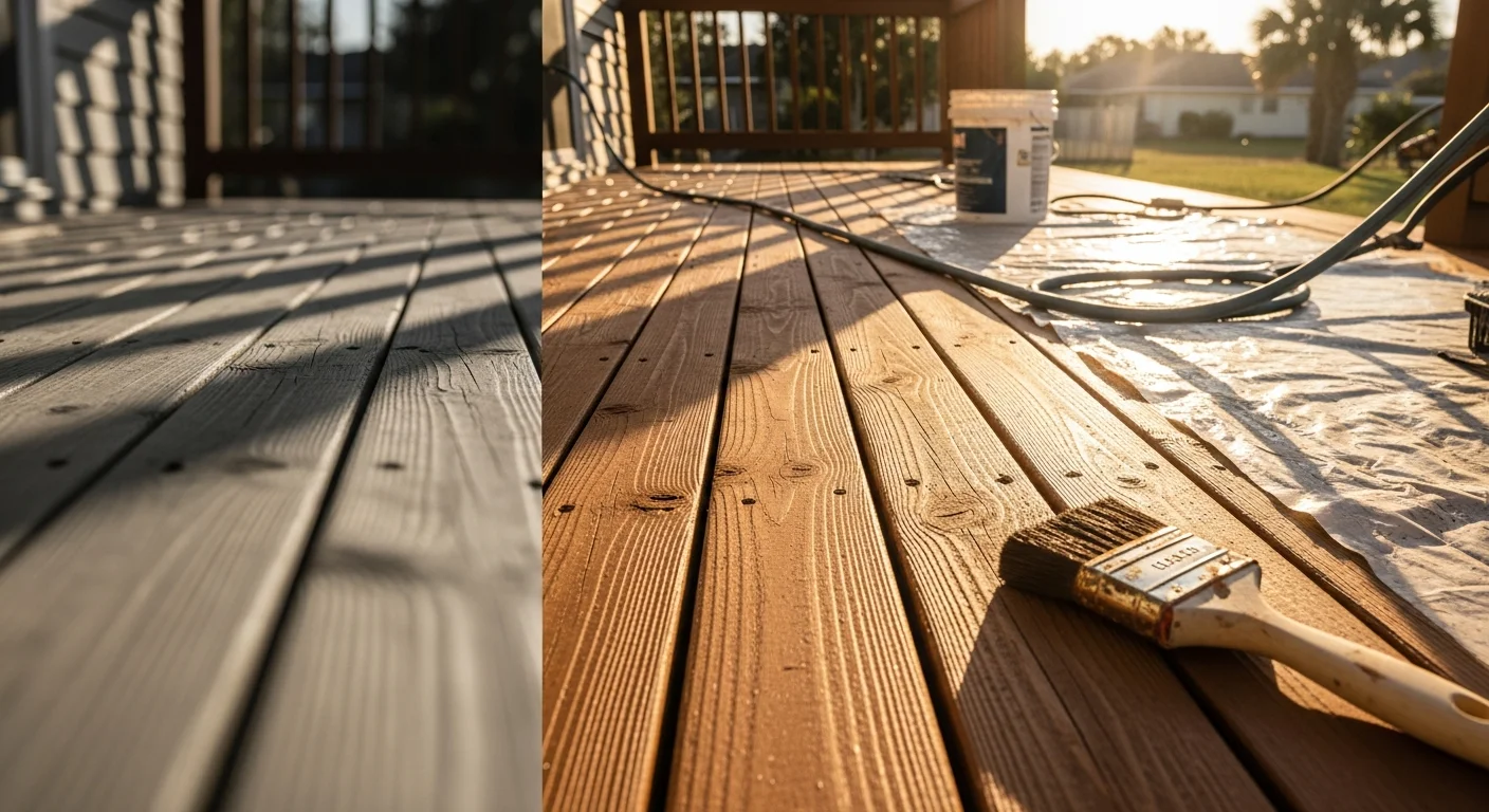 A freshly stained wood deck on a Palm Coast, Florida home showing an even, rich-toned finish with visible wood grain. The deck surface is clean and smooth, surrounded by a typical Flagler County residential backyard with mature trees and afternoon shade.