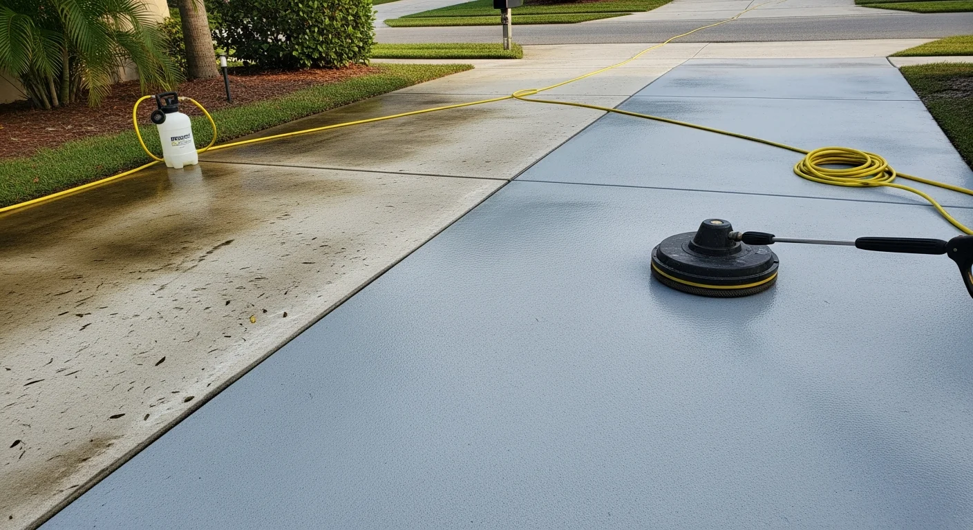 A Palm Coast residential concrete driveway before and after professional pressure washing by Total Surface Solutions Inc, showing dark algae and oil stains removed to reveal clean, bright surface. A paver driveway edge and landscaping border remain undisturbed after the cleaning process.