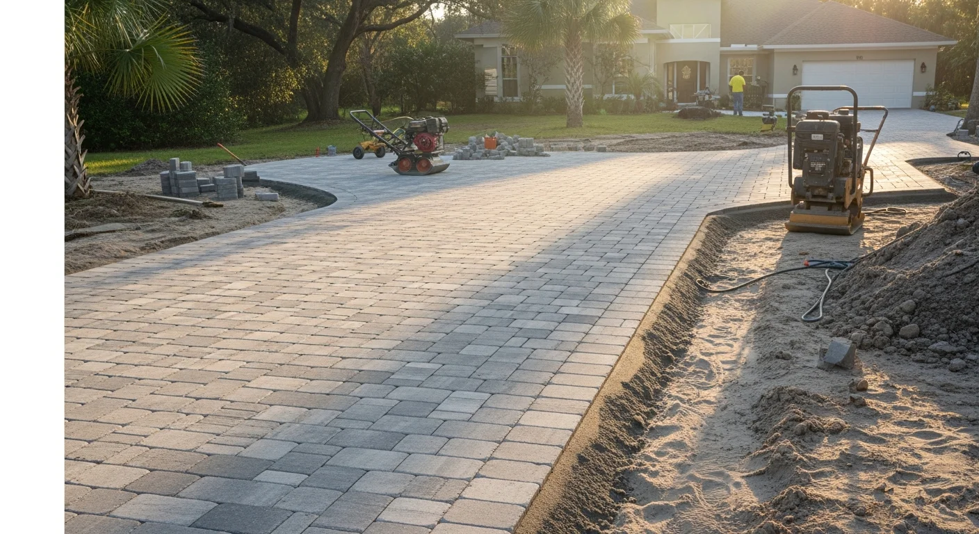 A freshly installed interlocking paver driveway in front of a single-family home in Palm Coast, Florida, with clean joint lines, a slight drainage slope, and mature Florida landscaping on either side.
