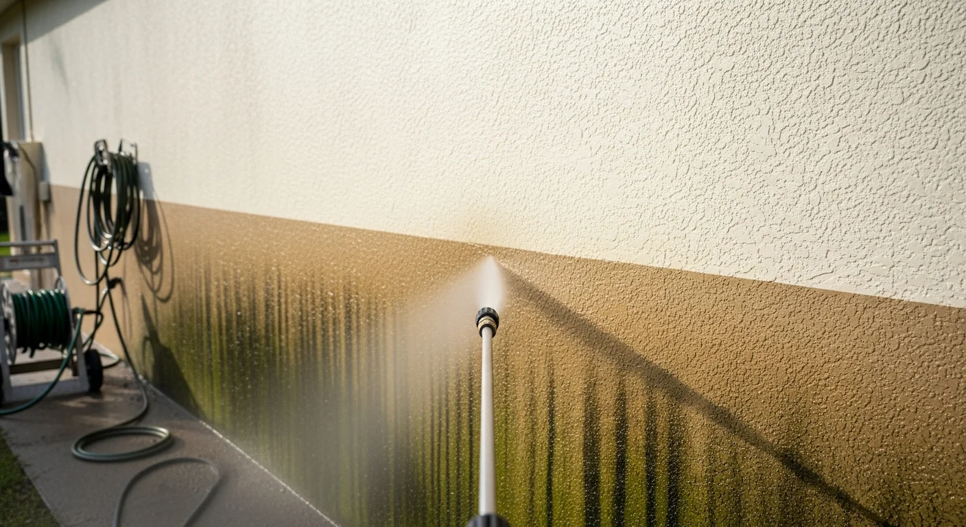A Palm Coast stucco home exterior after professional house washing, showing clean walls with no algae streaks or mold discoloration. The washed surface runs from the foundation to the roofline, with clear trim and soffits visible under Florida afternoon light.