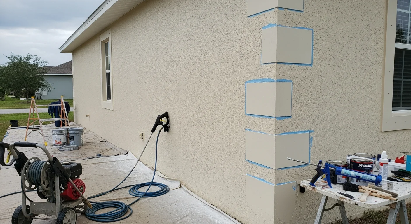 A freshly painted single-story stucco home exterior in Palm Coast, Florida, showing clean white siding, painted trim, and shutters under bright Florida sunlight. Total Surface Solutions Inc completed the full exterior repaint including fascia and front door.