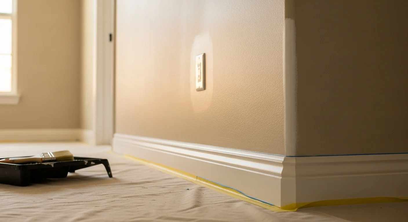 A freshly painted interior living room in a Palm Coast stucco home, showing smooth walls in a neutral coastal tone with clean white trim. The room is bright and free of scuffs, with professional edge work visible along the baseboards and ceiling line.