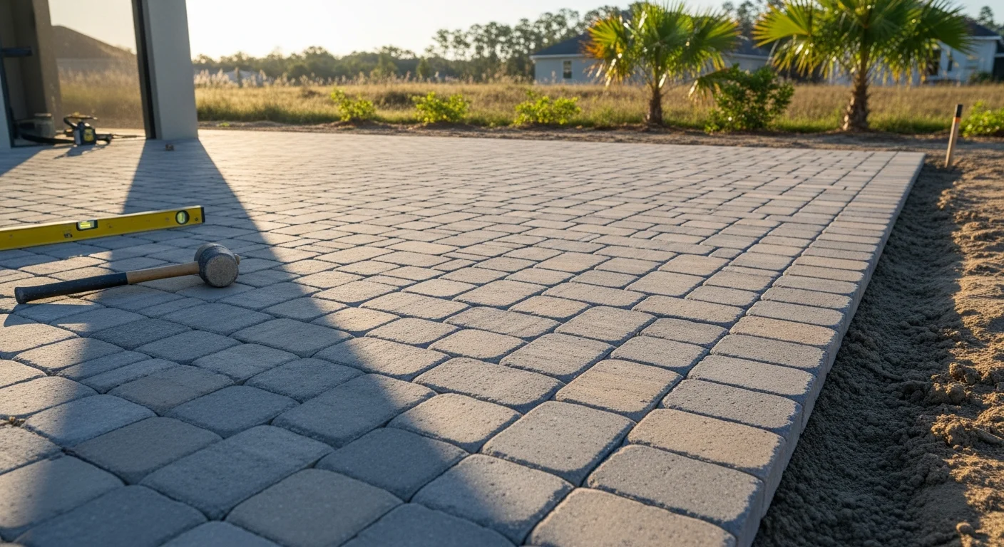 Newly installed patio pavers in a Palm Coast backyard, showing a flat, evenly spaced surface with clean joint lines and proper edge restraints. The finished patio extends from a residential home's sliding glass doors toward a landscaped yard typical of Flagler County properties.