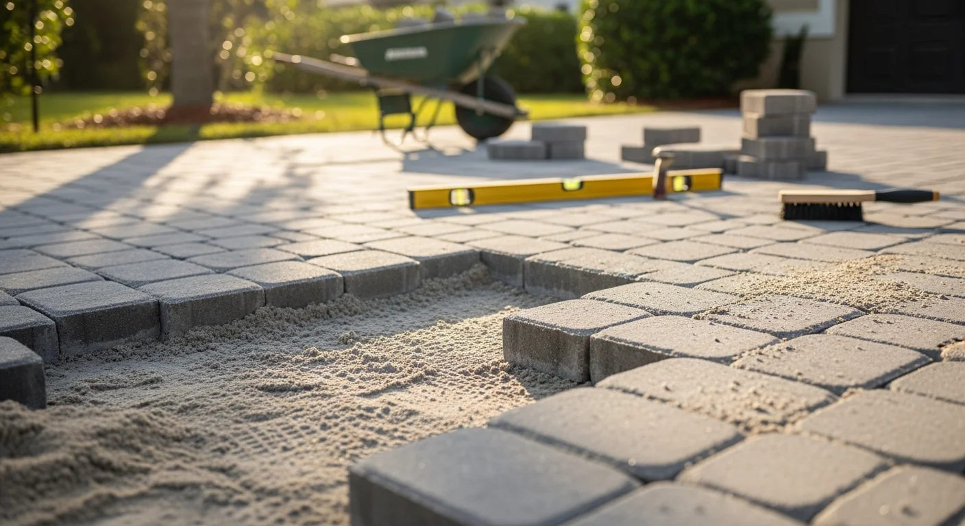 A Palm Coast residential driveway with freshly repaired and re-leveled concrete pavers, showing flush joints and no visible cracking or sunken sections. The repaired surface runs from the street to the garage on a single-family home.