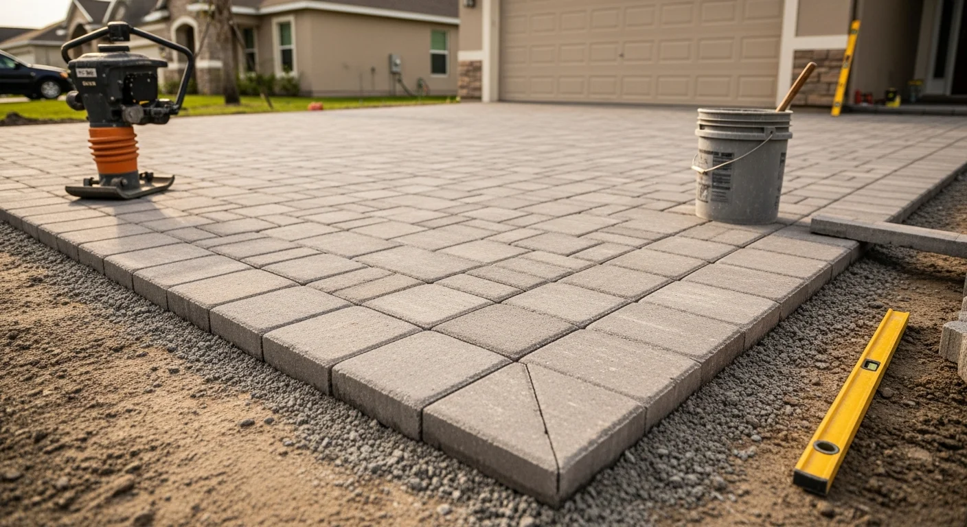Freshly replaced concrete pavers on a Palm Coast residential driveway, showing a level, uniform surface with tight joints and clean edges. The completed surface runs from the garage apron to the street with no visible cracking or uneven settling.