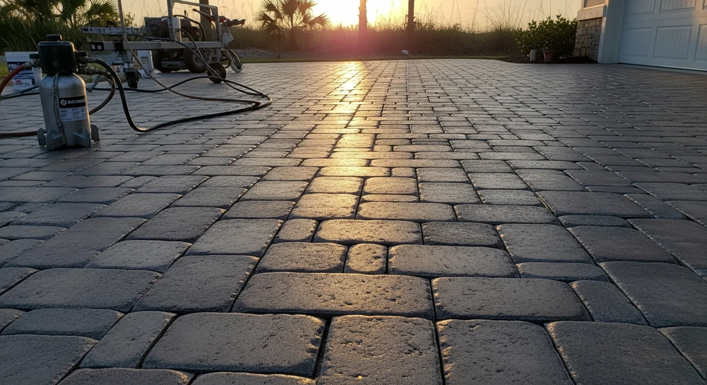 Freshly sealed brick paver driveway at a Palm Coast residential property, showing restored color and a clean, even surface finish. Close view of joint sand intact between pavers after professional sealing service.