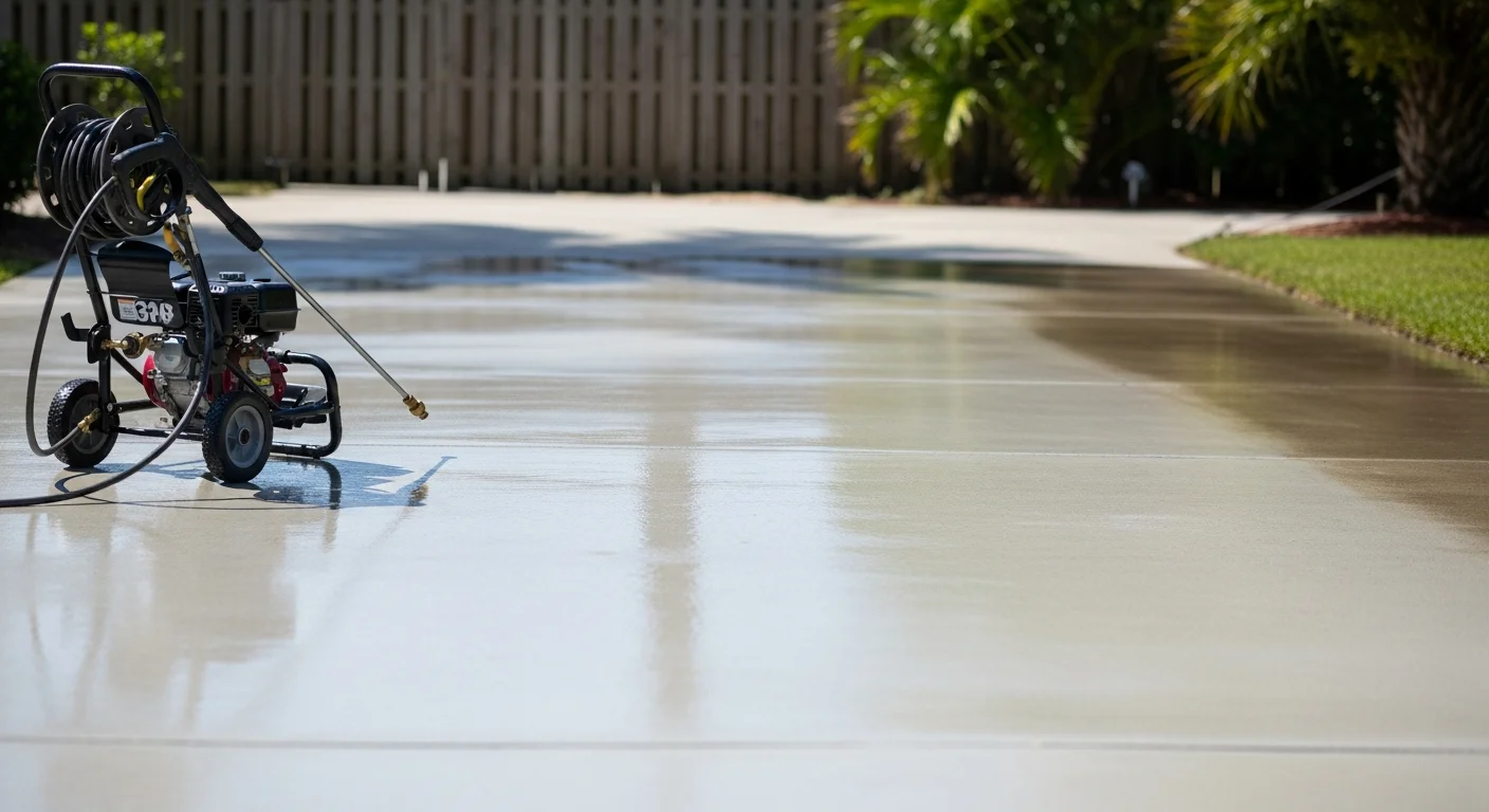 A Palm Coast residential driveway and walkway being pressure washed, with algae and dark staining visibly cleared from the concrete surface. The home exterior shows a clean stucco facade after professional pressure washing service.