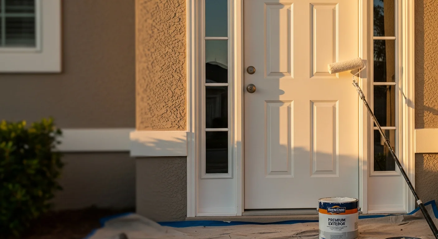 Freshly painted white exterior window trim and a dark-colored front entry door on a single-family home in Palm Coast, Florida. Clean paint lines contrast against a light stucco exterior under bright Florida sunlight.